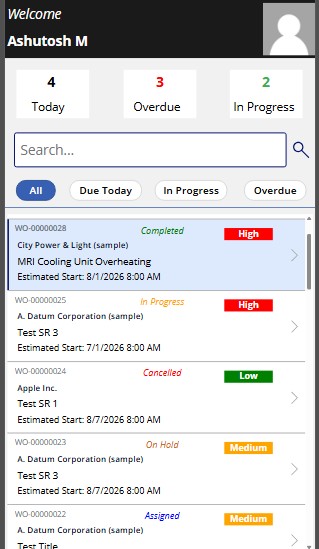 Mobile field app dashboard showing counts for today, overdue and in progress jobs with a filtered job list