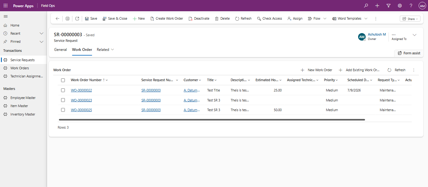 Work orders listed against a service request with estimated hours, assigned technician, priority and scheduled date