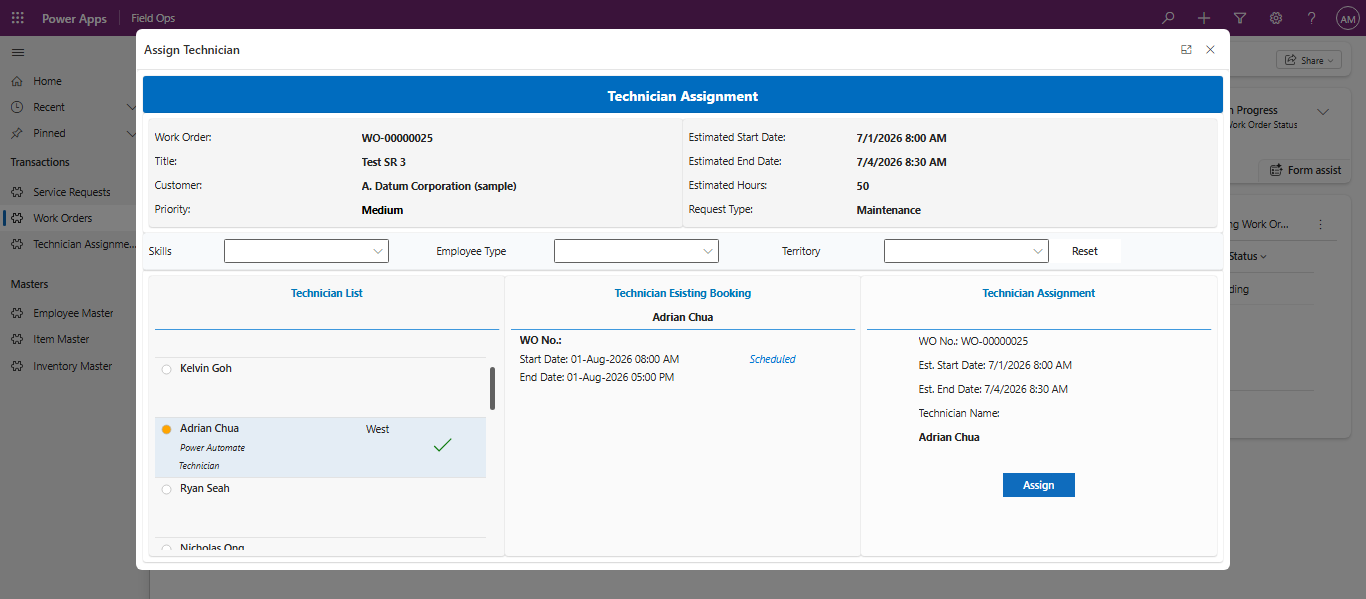 Technician assignment screen filtering technicians by skills, employee type and territory alongside existing bookings