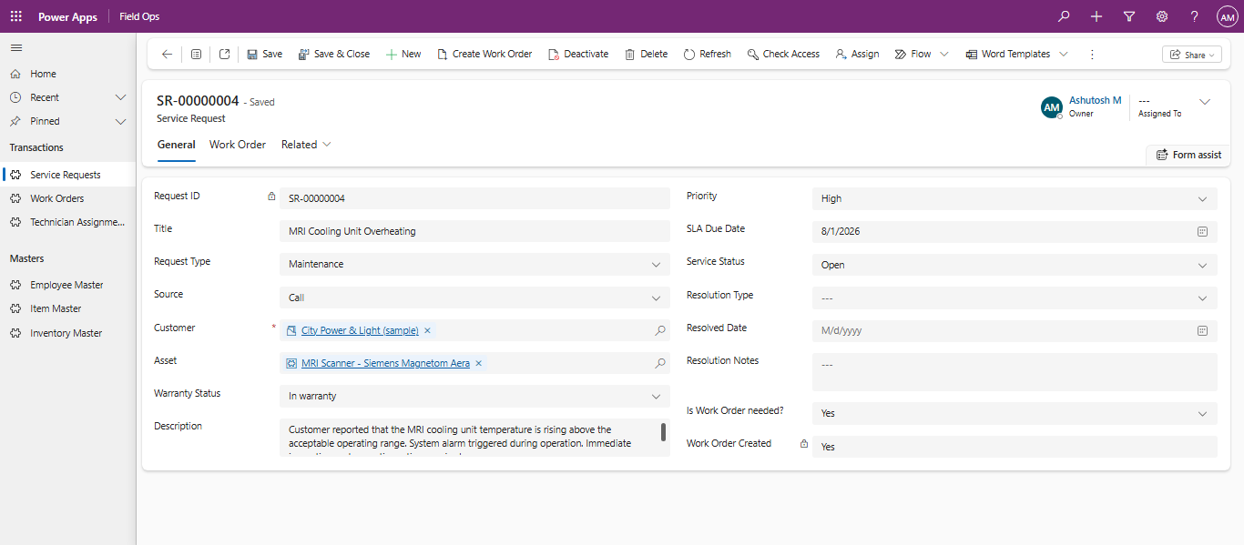 Service request form showing request type, source, customer, asset, warranty status, priority, SLA due date and resolution fields